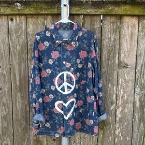 Floral Denim Jacket with Peace and Heart Design
